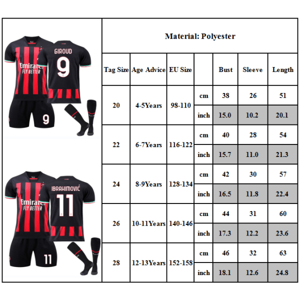 Fotbollströja Ac Milan fotboll T-shirt set för barn barn #9 10-11Y