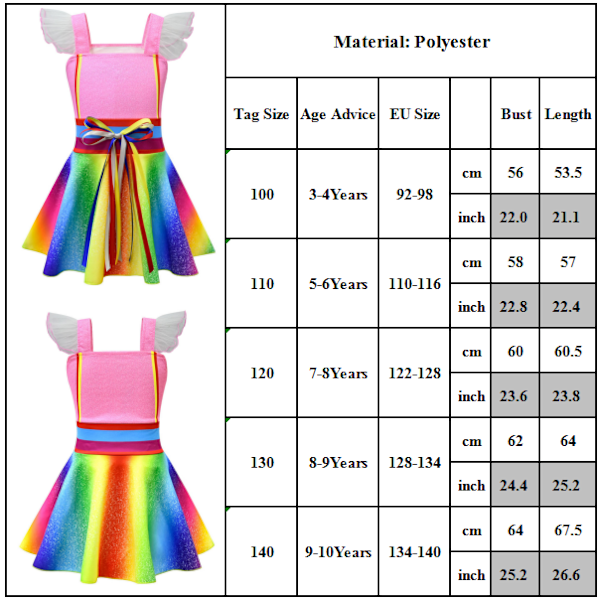 Pige Nancy Cosplay Fancy Dress Kostume Regnbue Kjoler 9-10 Years