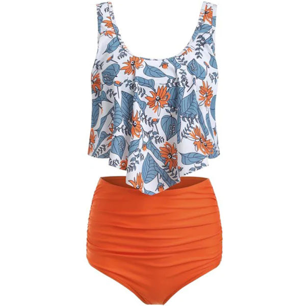 Dame Flæse Crop Top Bikini Sæt Højtaljet Badedragt Badetøj Orange M