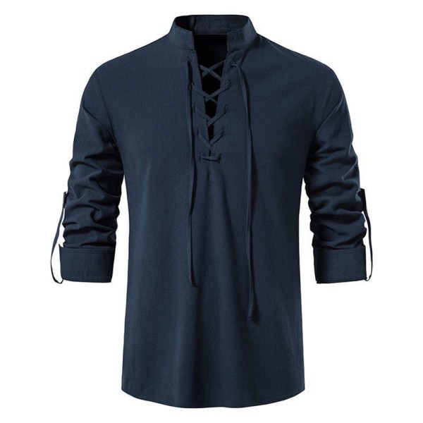 Medeltida Viking Pirate Costume Långärmad skjorta V-hals för män navy blue XL