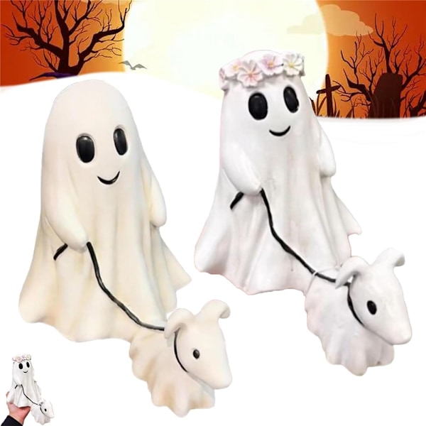 Festival Spøgelse Går Tur Med Sin Spøgelseshund 2024 Opgradering Søde Spøgelse Spøgelseshund Halloween Statue Sjov Halloween Figur Hjem Boys