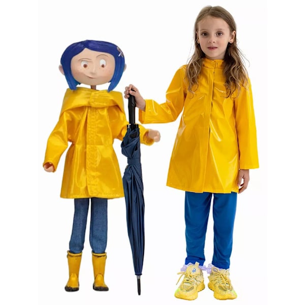 Coraline Kostym Barn Gul Regnrock och Blå Byxor Kostym Set Halloween Outfits Cosplay Födelsedagspresent S