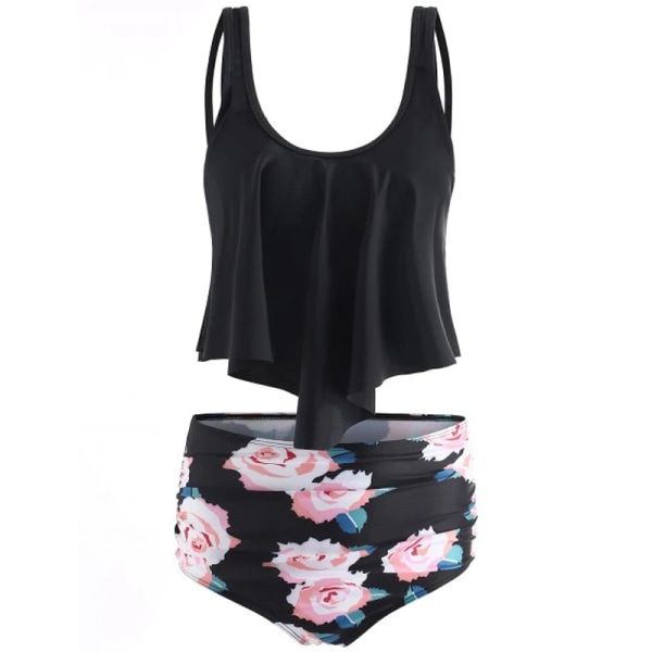 Dam Ruffle Crop Rop Bikiniset Set med hög midja Black+Floral 2XL