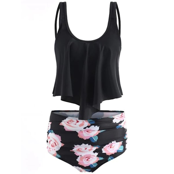 Dame Flæse Crop Top Bikini Sæt Højtaljet Badedragt Badetøj Black+Floral M