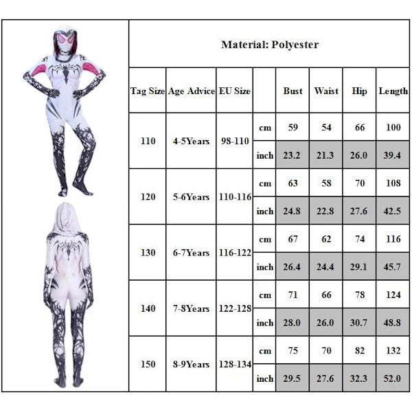 Halloween Børne Cosplay Kostumer Spider Gwen Jumpsuit Outfit 130cm