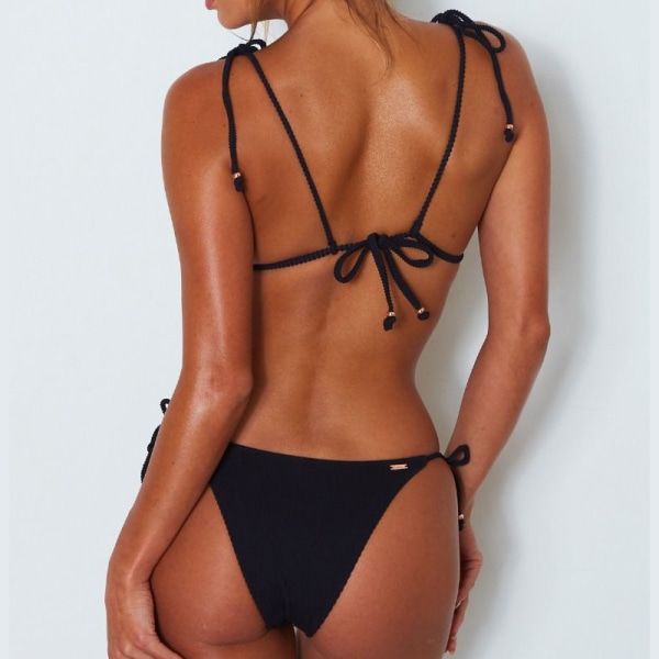 Kvinnors Push Up Vadderad Bikini Set med rep Strappy Baddräkt Badkläder Black L