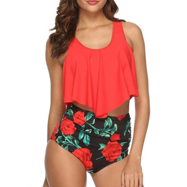 Dame Flæse Crop Top Bikini Sæt Højtaljet Badedragt Badetøj Red M