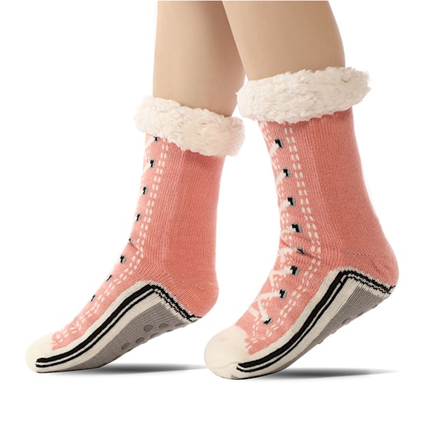 1 Par Ultra-Tjocka Cashmere-tofflor Hemstrumpor, Jultofflor, Jul med Halksäkra Tofflor Pink