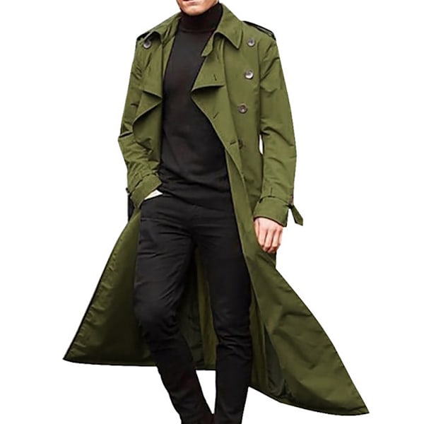 Trenchcoat för män vintermode lång trenchcoat enkel färg varm krage kappa affärs casual kappa camouflage Green 2XL