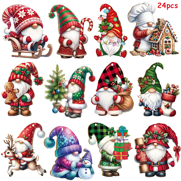 24 st julgransdekorationer 2024 - Jultomtar i trä, hängande ornament, julgransdekorationer, dockor i trä, hängande ornamentuppsättningar 24PCS