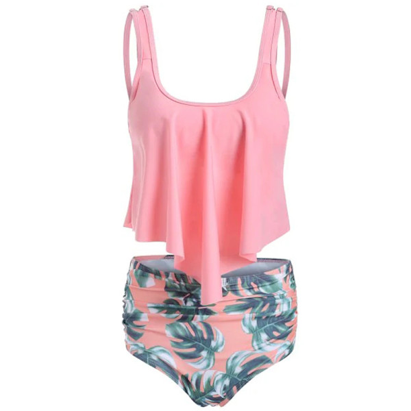 Dame Flæse Crop Top Bikini Sæt Højtaljet Badedragt Badetøj Pink S