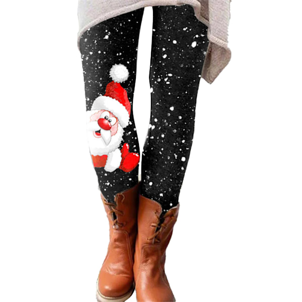 Dam Leggings med Jultomte och Snöflinga Tryck - Slim Fit Byxor B XL