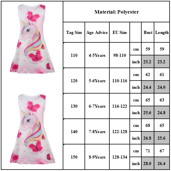 Prinsessklänning för flickor, enhörningsklänning för flickor 130cm
