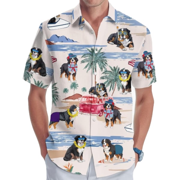 Stora och långa herrskjortor med korta ärmar, herrskjorta med hawaiianskt tryck och krage B L