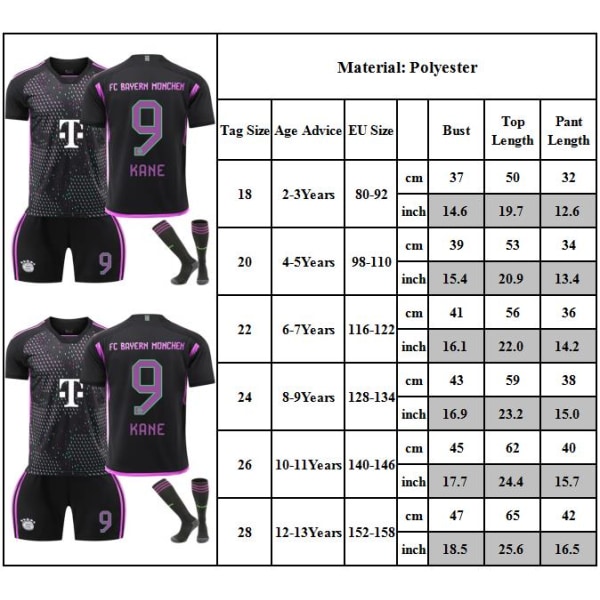 2324 Säsong Bayern Borta Svart Fotbollströja Nr 9 KRNE Tröjasett för Barnlag Tröja Shorts Strumpor Set 20