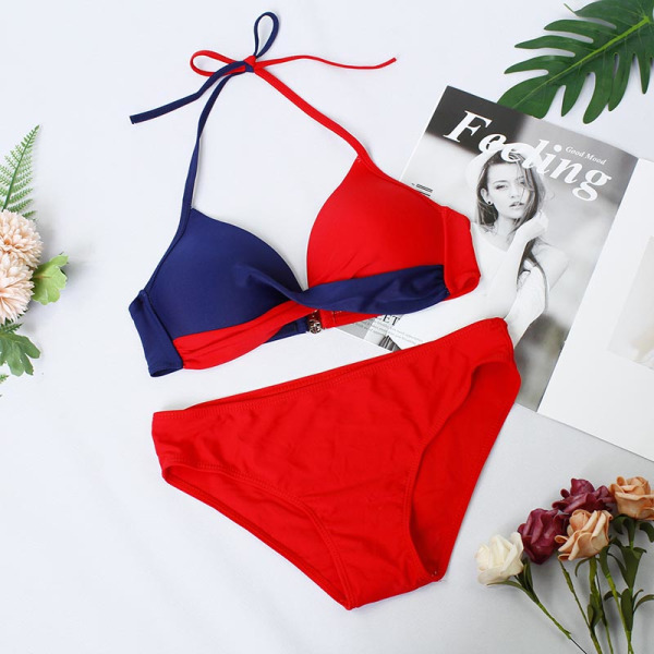 Kvinnor Color Block BH Bikini Set Brazilian Swimsuit Badkläder Dark Blue + Red M