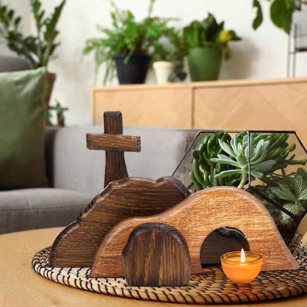 Den tomma graven påskscen och kors påskdekorationer Religiös tom grav påskscen dekor trästaty påskdekor för hemmet, bordsskiva