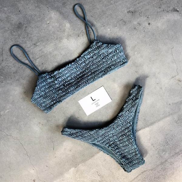 Sexig Kvinnlig Crinkle Strap Bikini Set Push Up Baddräkt Blue M