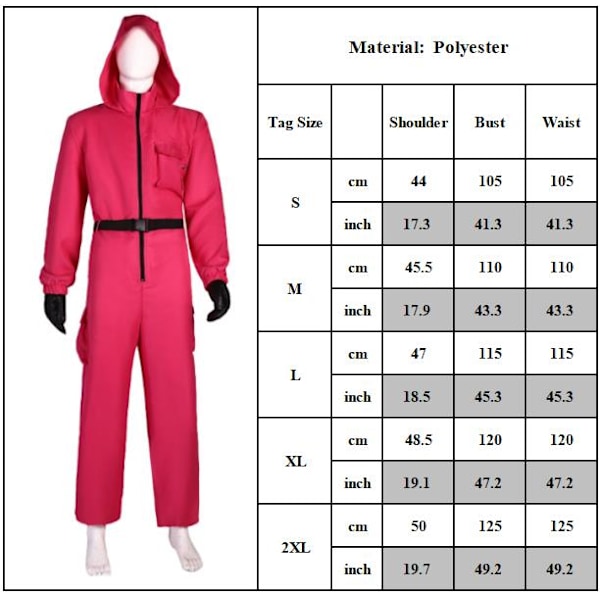 Squid Game 2 NPC Jumpsuit Unisex Zip Up Kostym Rose Red+ Square Mask 2XL