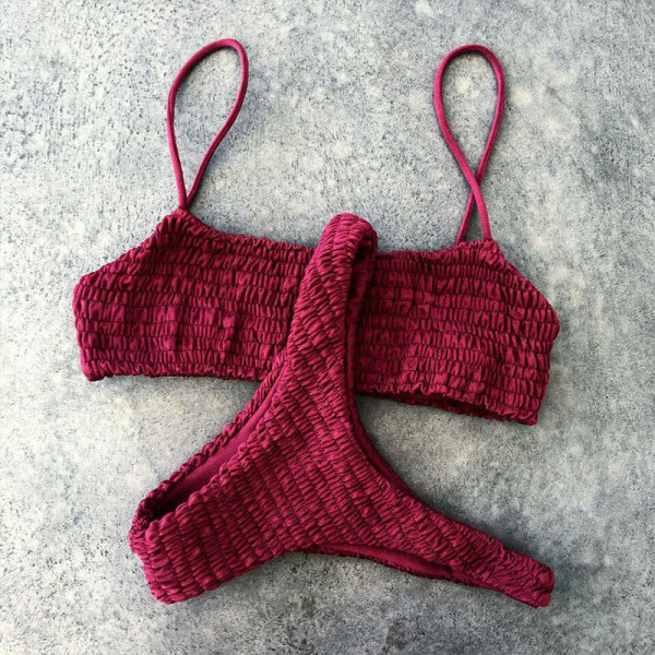 Sexig Kvinnlig Crinkle Strap Bikini Set Push Up Baddräkt Red S