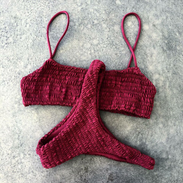 Sexiga kvinnor Crinkle Strappy Bikini Set Push Up Badkläder Baddräkt Red L
