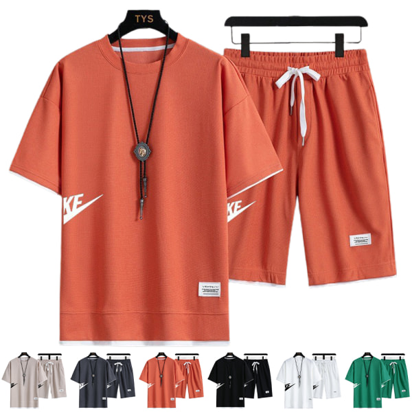 Herr Nikes Sommar Casual Träningsoverall Kortärmad Topp & Shorts Sportset Utomhusträning T-shirts Shorts Sportkläder Orange 2XL