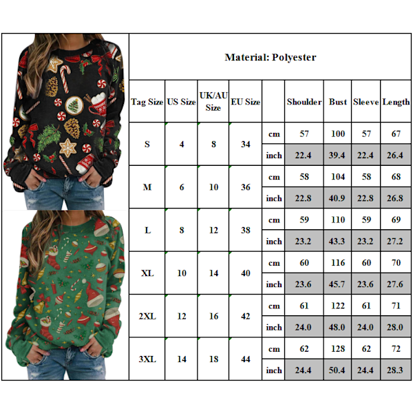 Dame Jul Langærmet Pullover Jumper Løs Bluse Toppe Green L