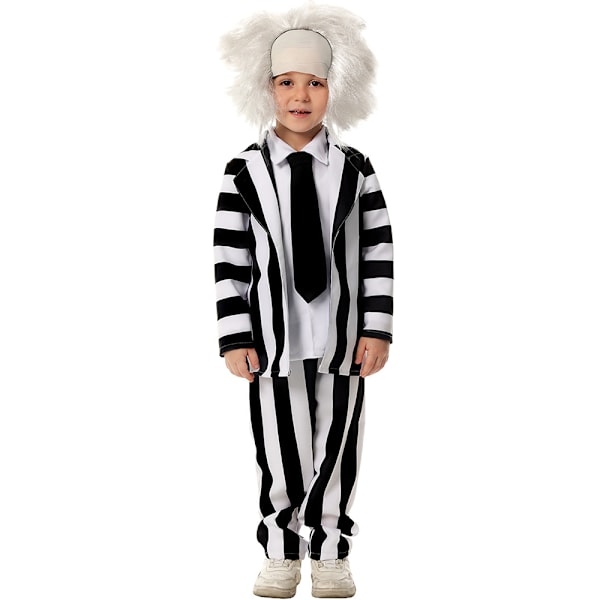 Hauska Beetlejuice-lastenpuku, mustavalkoraidallinen takkipuku, sopii elokuvaroolileikkeihin, aavepukeutumiseen ja Halloweeniin M