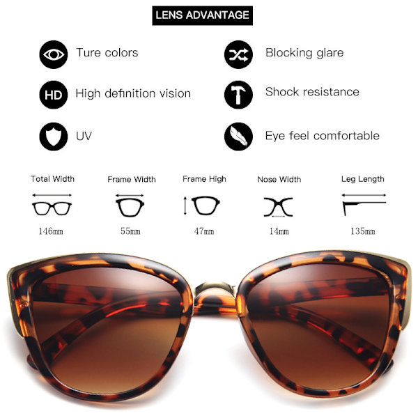 Anti-UV Modeglasögon / Kvinnor / Retro Solglasögon / Tea frame 1PCS