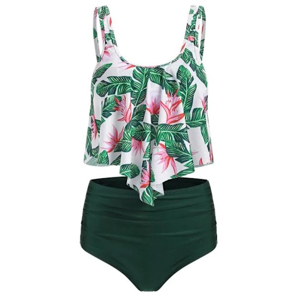 Dame Flæse Crop Top Bikini Sæt Højtaljet Badedragt Badetøj Dark Green 3XL