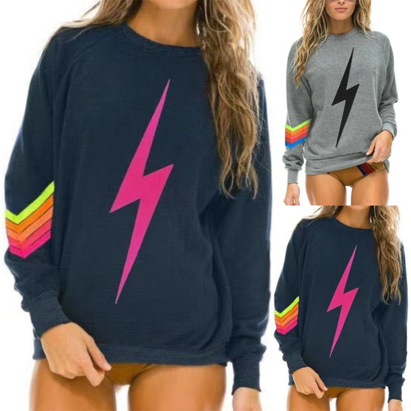 Kvinnors Casual Rund Hals Blixt Tryckt Långärmad Off Shoulder Sport Tröja Lös Hoodie Dark Blue XL