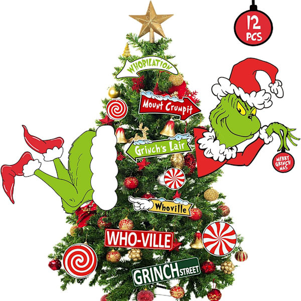 12 st Grinch Julgrans Toppar, Roliga Julgransprydnader Huvud/Ben/Skyltar Dekorationer för Träd Heminredning, Grinch Present till Barn Julgransprydnad 12PCS