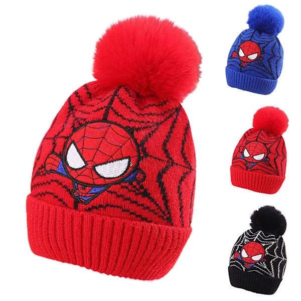 Pojkars Spiderman Stickad Vintermössa med Pompom Skidmössa Red