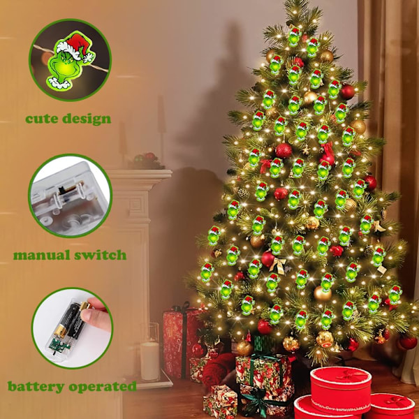 Grinch Juldekorationer 3 m 30 LED Batteridrivna Julbelysning Med Timer Gröna Julsträngljus Inomhus Dekoration För Nyår 3m