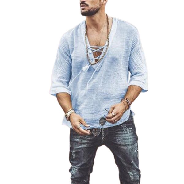 Miesten vintage-batikoidut nauhalliset hippi-henley-paita blue M