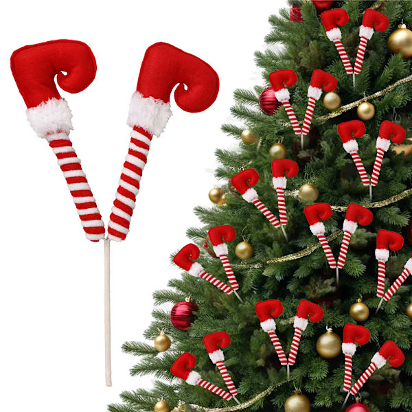 1 st jultomtebenspickar Julgranspynt Plysch Fylld Randig Tomtebenspickar Träd Topp Dekorationer för Semesterfest Dekoration Red