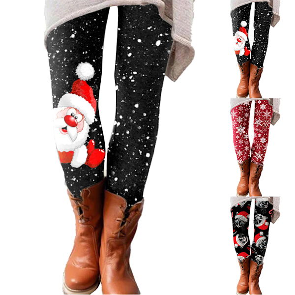 Dam Leggings med Jultomte och Snöflinga Tryck - Slim Fit Byxor B XL