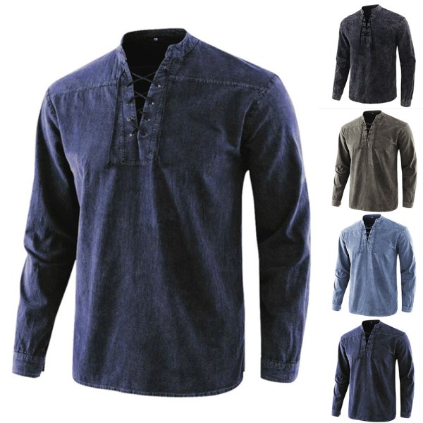 Modeskjorta för män långärmad strandtopp med V-ringad dragsko blue XL