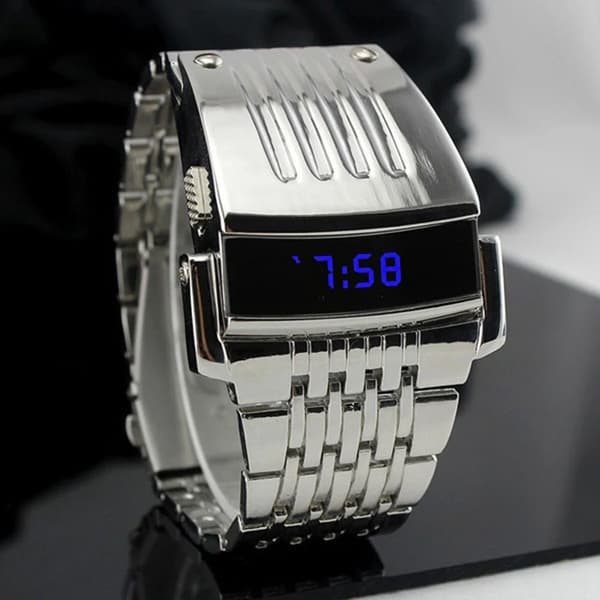 Mode Elektronisk Klocka Blå LED-display Brett Rostfritt Stålband Herr Digital Armbandsur Present Часы Мужские