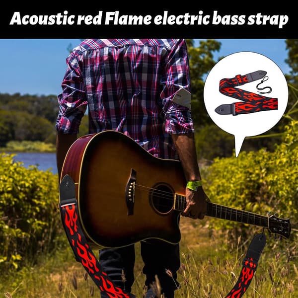 Röd flammande gitarrrem - 5 cm bred för el-, akustisk- och basgitarr
