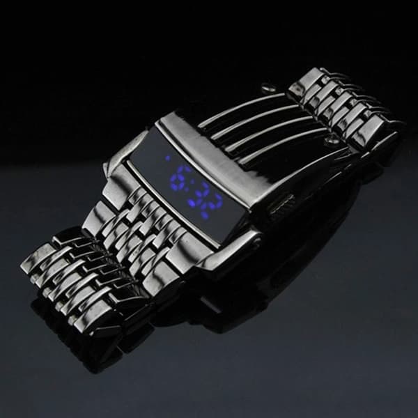 Mode Elektronisk Klocka Blå LED-display Brett Rostfritt Stålband Herr Digital Armbandsur Present Часы Мужские
