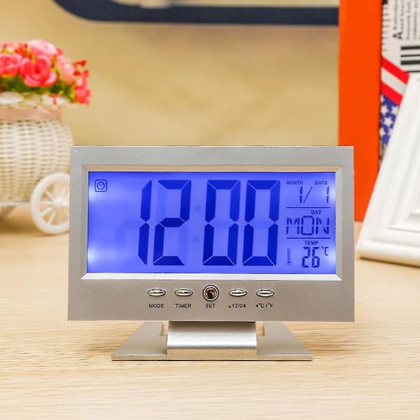 Ljudsensor Ljus LCD Digital Bordsväckarklocka Kalender Temperaturvisning