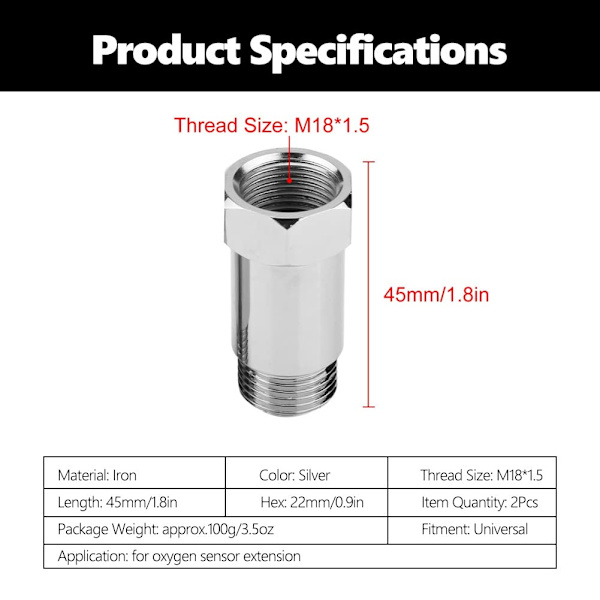 2st O2 Sensor Spacer Universal 45mm M18*15 Check Engine Light Eliminator Adapter O2 Syresensor Spacer Extender Adapter Silver