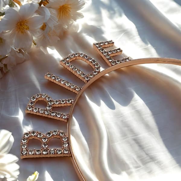 Brudekrone med rhinestones, rosegull, BRIDE-bokstaver, 4,8 cm bredde