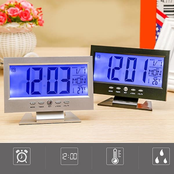 Ljudsensor Ljus LCD Digital Bordsväckarklocka Kalender Temperaturvisning