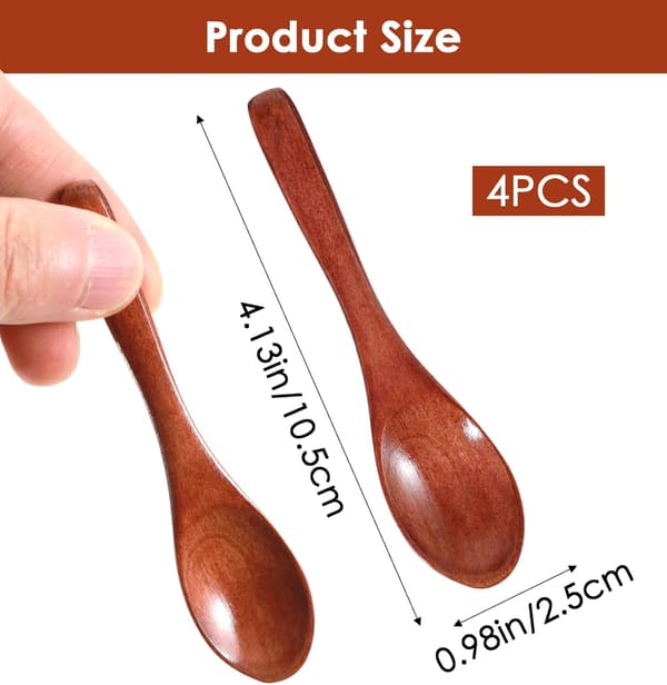 4-pack små träskedar 10 cm handgjorda mini-träskedar för kryddor, socker, honung, såser, dippsåser, matlagning