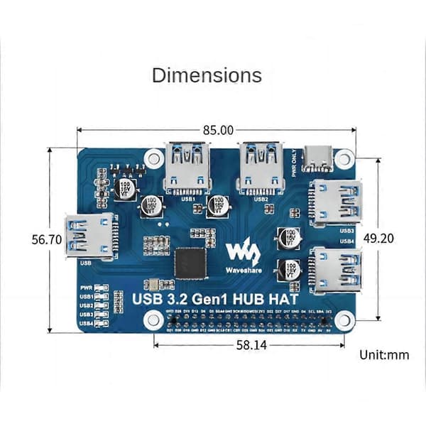 Waveshare USB 3.2 Gen1 HUB HAT för Raspberry Pi 4B 3B+ 3B 2B Zero W WH, 4-kanals USB 3.0 expansionsport, drivrutinsfri Plug&Play