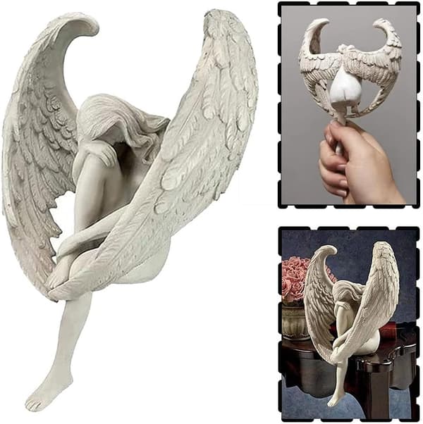 EdirFtra Ängelvinge Trädgårdsstaty, Ängelskulptur, 3D Sittande Fe Konst