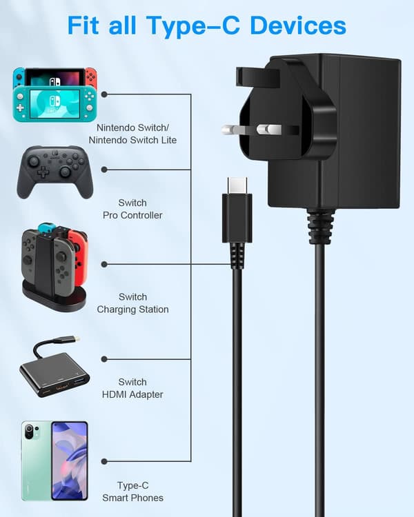 Snabbladdare för Switch/Switch OLED/Switch Lite Switch AC-adapterkabel kompatibel med Switch och Switch Pro-kontroller Stöder TV-läge1