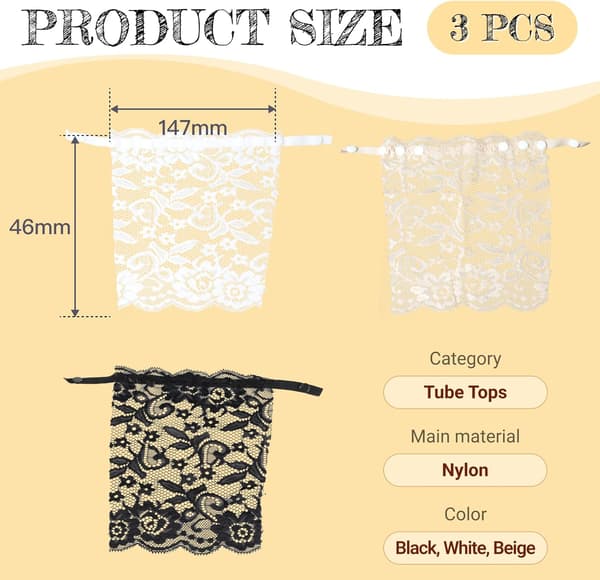 Spetsiga Modesty Paneler, 3-pack, Svart Vit Beige, Justerbara för Urringade Klänningar